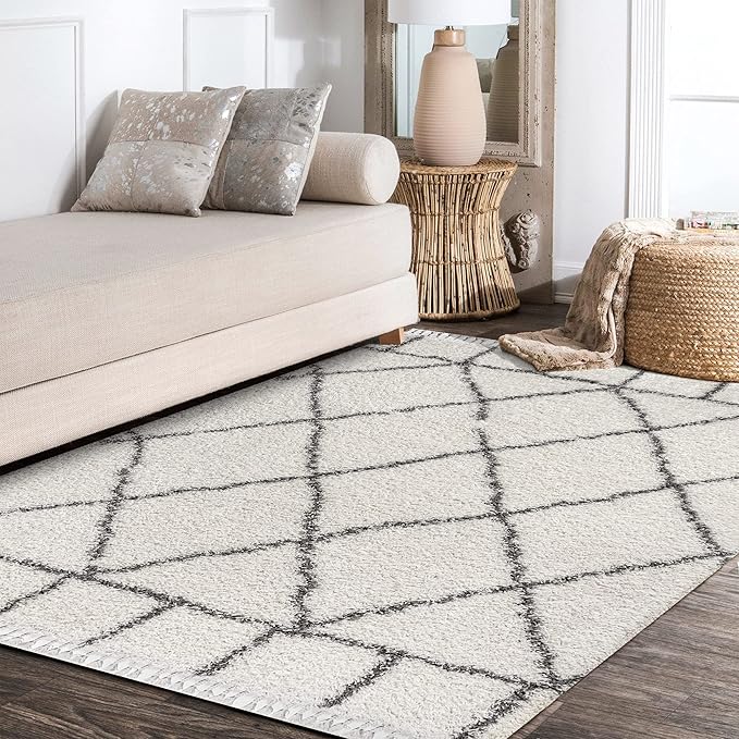 JONATHAN Y Mercer Shag Plush Tassel Ivory/Gray Indoor Area Rug, 5x8, Moroccan Geometric Trellis, Easy-Cleaning for Living Room, Bedroom, Kitchen, Pet Friendly, Non-Shedding (MCR101B-5)