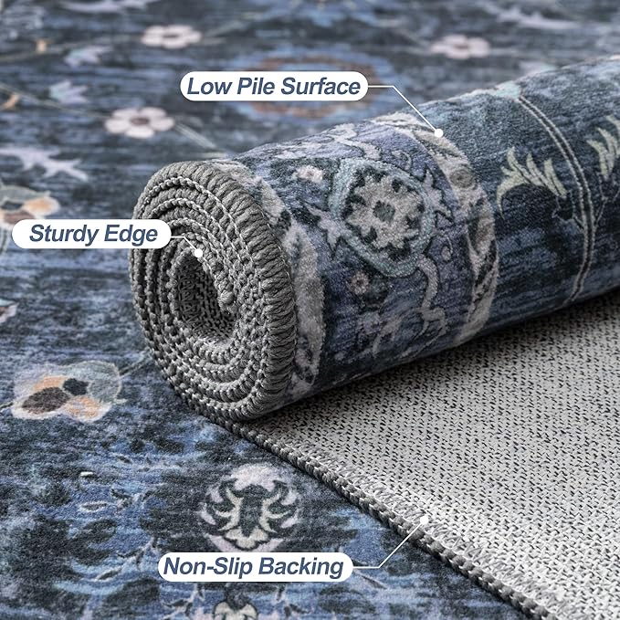 Tangsoo 2.6x8 Runner Rug for Hallway Kitchen, Non Slip Washable Long Rug Runner Boho Vintage Floral Carpet, Distressed Blue Black Soft Low Pile Indoor Runners for Entryway, Laundry, Kids&pets Friendly