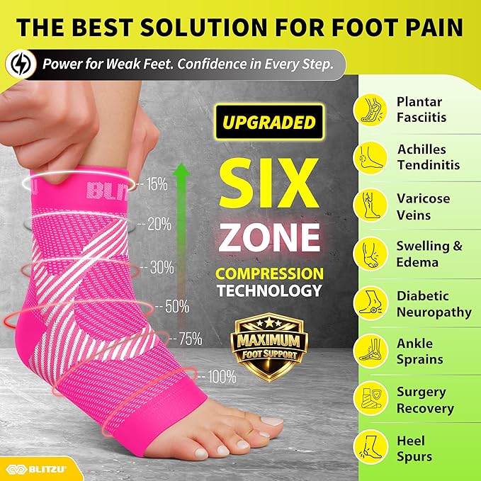 BLITZU Compression Socks for Plantar Fasciitis, Achilles Tendonitis, Arthritis Relief, Ankle Brace Compression Sleeve with Foot Arch Support, Ankle Wrap for Women, Men, Swelling & Heel Pain Pink L-XL