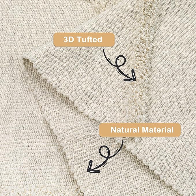 Uphome Boho Area Rug 3'x5' Washable Evil Eye Tufted Bedroom Rug with Tassels Soft Cotton Woven Entryway Rug Modern Minimalist Beige Floor Mats for Home Living Room Kitchen Hallway