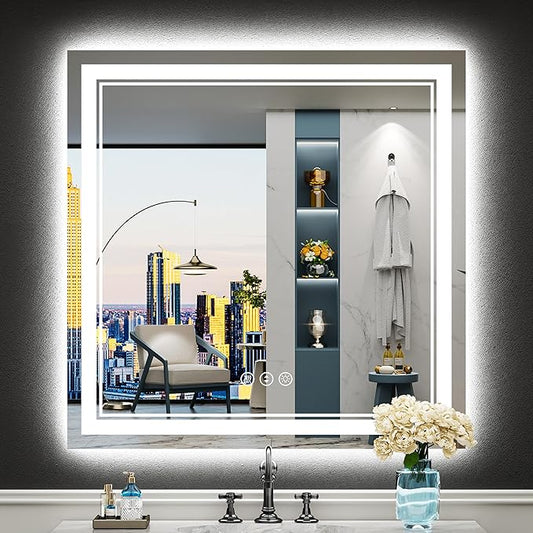 36x36 Inch LED Bathroom Mirror with Lights, Backlit & Front Lit, Anti-Fog Lighted Vanity Mirrors for Bathroom Wall, Dimmable, 3 Color Temperatures, Memory, Shatter-Proof, HD Tempered Glass