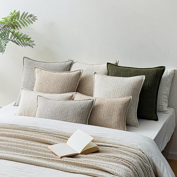 a moment Linen Pillow Covers Set of 2,Boho Farmhouse Throw Pillowcases Neutral Textured Decorative Covers for Couch Sofa,Soft Linen Blend Accent Case Cushion Living Room Home Decor 24"x24"Ivory