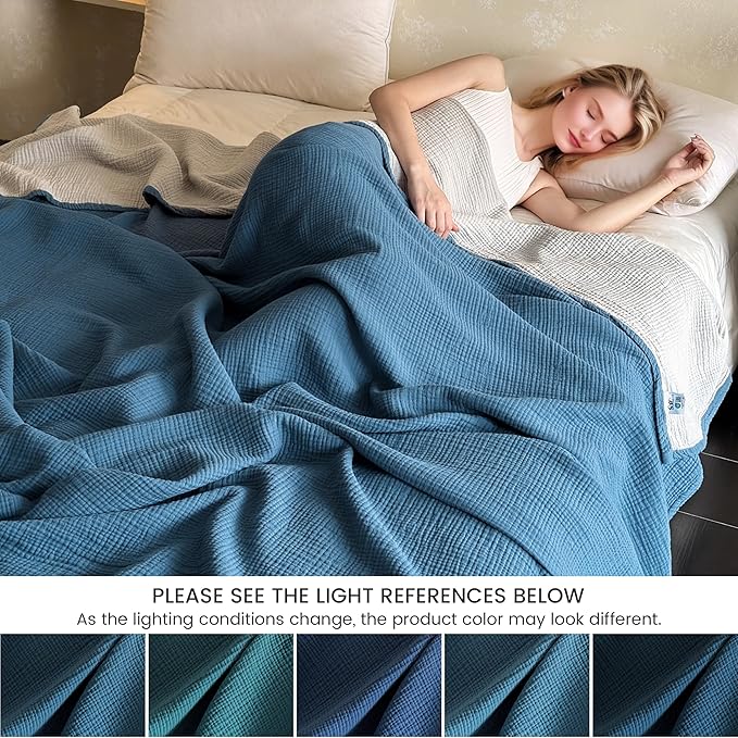 FALUCA Cotton Muslin Reversible Blanket Queen Size for Bed, Couch, Four Layers Blanket, Soft Lightweight Cozy Breathable Farmhouse Decoration for All-Season, Light Blue