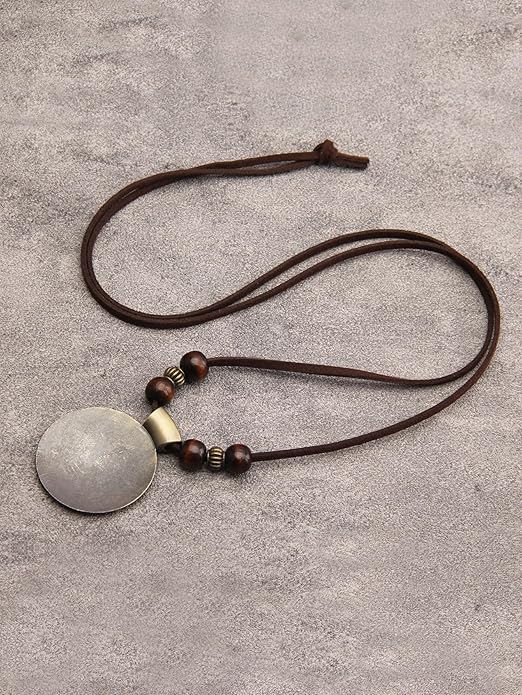 Leather Necklace for Women Boho Choker Necklace Long Cord Leather Pendant Bohemian Neckalce Vintage Alloy Pendant Leather Rope Necklace Wooden Necklaces for Women