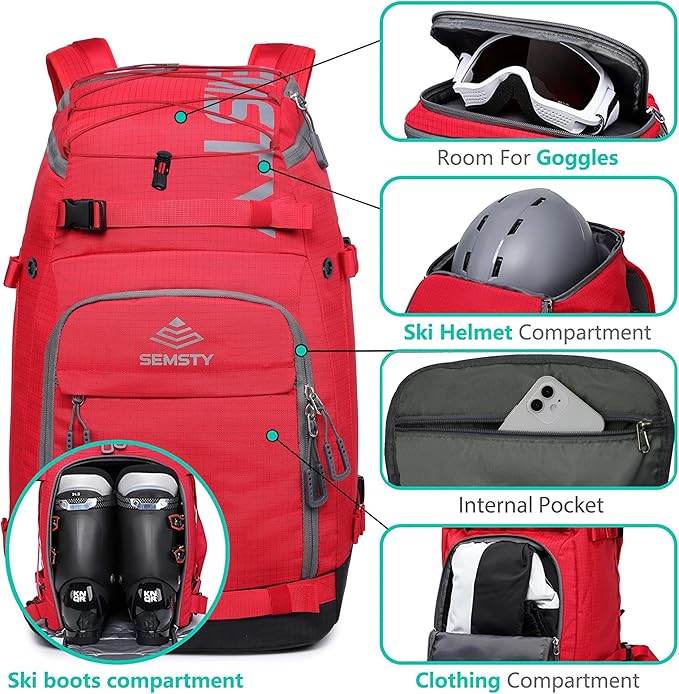 Ski Boot Bag, 55L/70L Waterproof Ski and Snowboard Boots Travel Backpack for Skis, Snowboard, Ski Helmet, Goggles, Gloves & Accessories