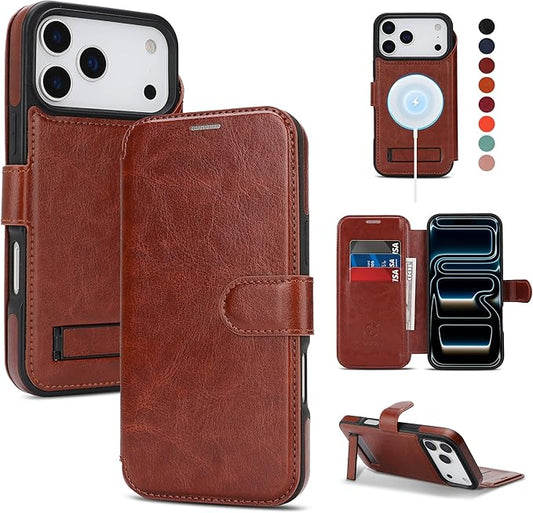 CIVICASE for iPhone 17 Pro Wallet Case with Stand,PU Leather Flip Credit Card Holder Slots (RFID Blocking),Compatible with Magsafe Magnetic Holder Phone Cover Women Men,Dark Brown