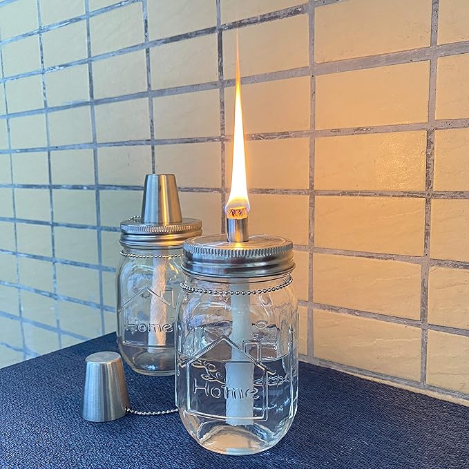 Yitee Mason Jar Tabletop Torch Kits,4 Pack Longlife Fiberglass Wicks,Stainless Steel Mason Jar Lids Caps Included,Outdoor Deck Oil Lamp Torch,Patio Xmas Decor