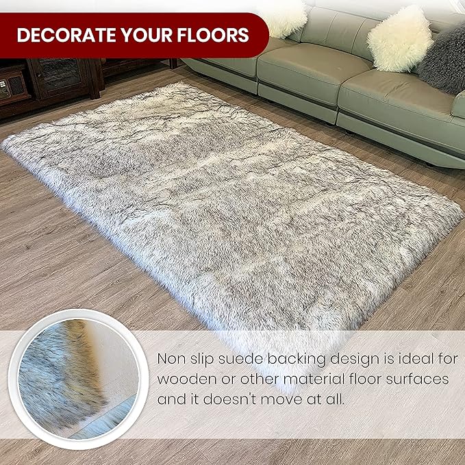LAMBZY High Pile Super Fluffy Soft Faux Sheepskin Rug | Faux Sheepskin Rugs for Living Room Playroom Bedroom | Classic Super Soft to Touch Rug (10'x13', White/Black Tips)