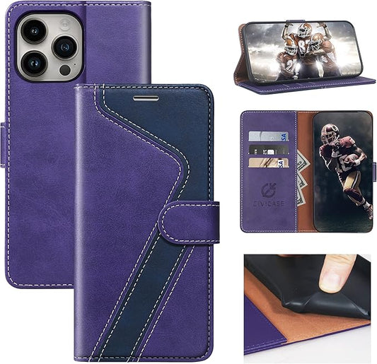 CIVICASE for iPhone 14 Pro Max Wallet Case,Leather Flip Case [RFID Blocking] Credit Card Holder Folio Magnetic Stand TPU Shockproof Cover Color Matching for iPhone 14 Pro Max (6.7") Purple Blue