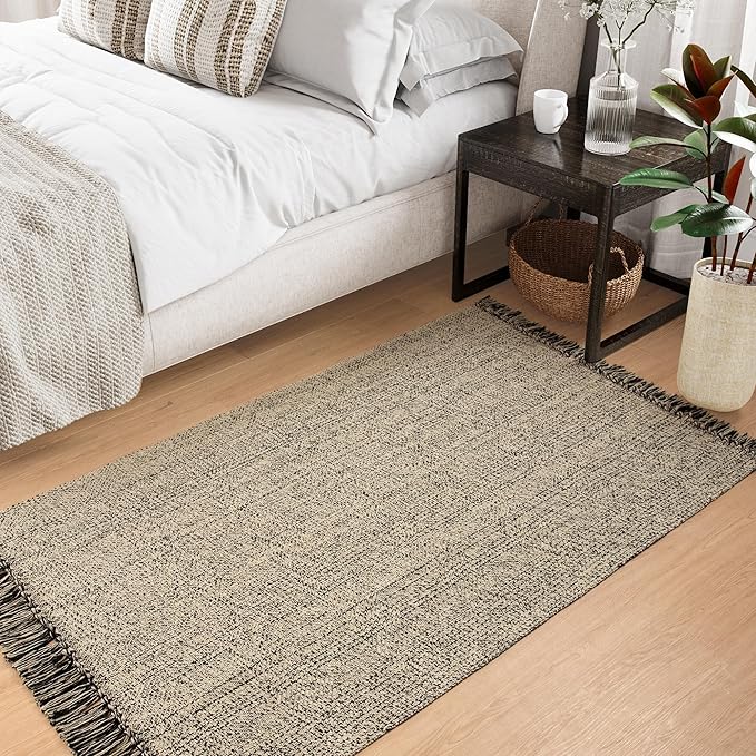 Collive Washable Area Rug 3x5, Modern Woven Kitchen Rugs for Entryway, Natural/Black Braided Cotton Small Outdoor Rug Indoor Door Mat Throw Carpet for Living Room Nursery Mudroom Laundry Room Bedroom