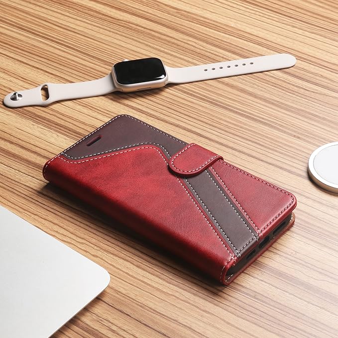CIVICASE for iPhone 14 Wallet Case,Leather Flip Case [RFID Blocking] Credit Card Holder Folio Magnetic Stand TPU Shockproof Cover Color Matching for iPhone 14 (6.1") Red Brown