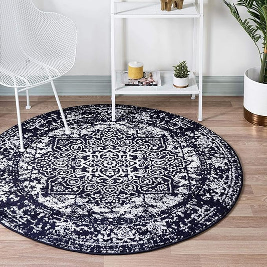 Rugs.com Arlington Collection Rug – 8 Ft Round Navy Blue Medium-Pile Rug Perfect for Kitchens, Dining Rooms