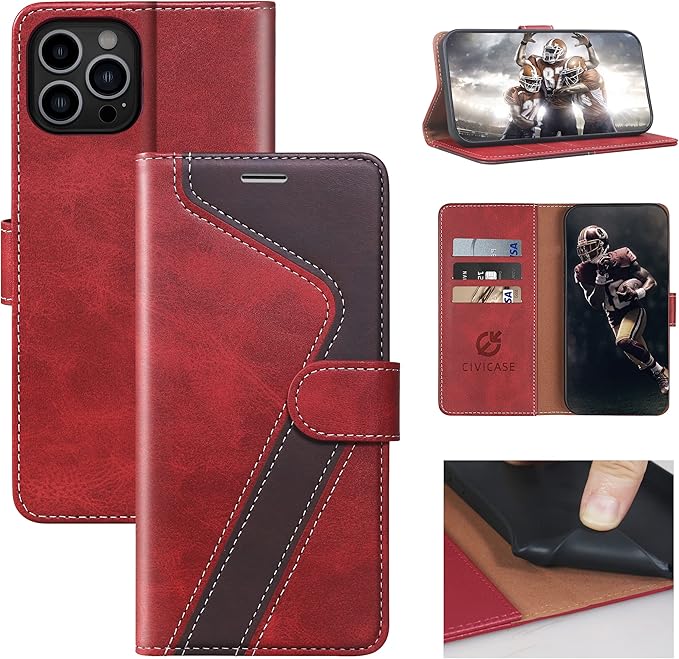 CIVICASE for iPhone 12 Pro Max Wallet Case,Leather Flip Case [RFID Blocking] Credit Card Holder Folio Magnetic Stand TPU Shockproof Cover Color Matching for iPhone 12 Pro Max (6.7") Red Brown