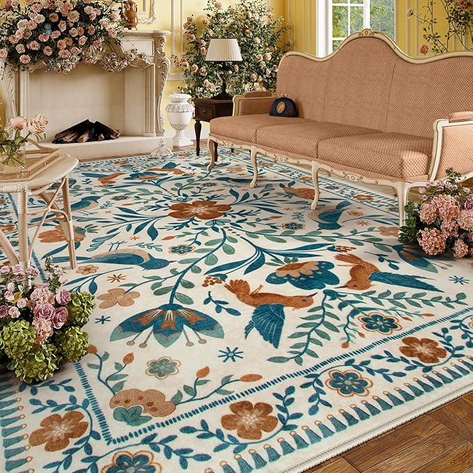 Moynesa Area Rugs 9x12 Retro Home Decor, Modern Bohemian Farmhouse Floral Bird Print Pattern Medallion Carpet for Large Living Room Bedroom Dining Room,Floor Protection Non-Slip Washable