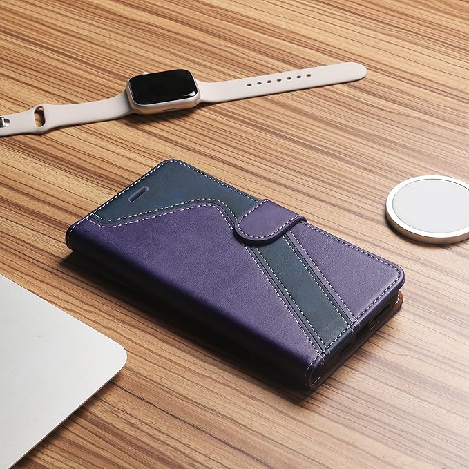 CIVICASE for iPhone 14 Pro Wallet Case,Leather Flip Case [RFID Blocking] Credit Card Holder Folio Magnetic Stand TPU Shockproof Cover Color Matching for iPhone 14 Pro (6.1") Purple Blue