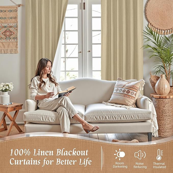 LAMIT 100% Blackout Linen Curtains, 63 Inches Linen Textured Thermal Bedroom Curtains Back Tab and Rod Pocket Neutral Panels with White Liner for Short Windows, 2 Panels, Buralp, 42 x 63 Inch