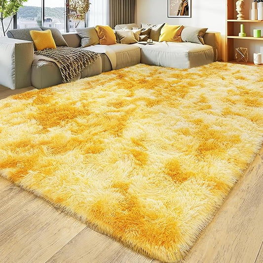 8x10 Large Area Rugs for Living Room, Ultra Fluffy Shag Rug for Bedroom, Modern Plush Soft Carpet for Girls Boys Kids Room Dorm Fuzzy Non Slip Rug for Home Decor Aesthetic, Tie-Dyed Yellow