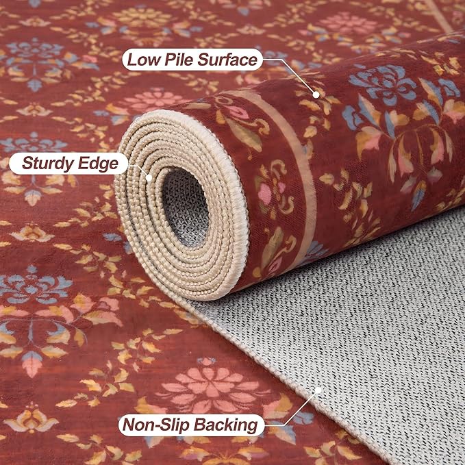 Tangsoo 2x3 Small Washable Entry Rug,Non Slip Red Floral Throw Area Rugs for Entryway,Front Door Mats Indoor Entrance Carpet for Kitchen Office Laundry, Soft Kids & Pets Friendly