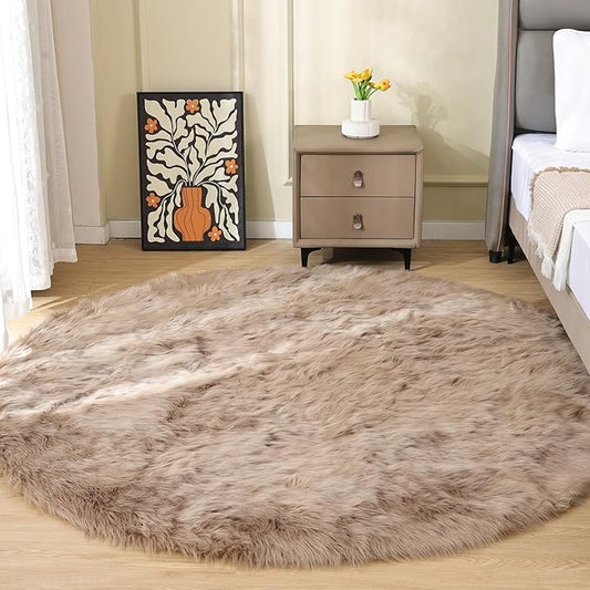 Beige Round Rugs 6ft Fuzzy Faux Sheepskin Washable Fluffy Fur Area Rugs for Bedroom Large Circle Nursery Living Room Shag Rug