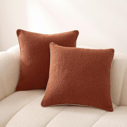 Amazon Basics Boucle Throw Pillow Covers for Couch, Living Room, Home Decor with Hidden Zipper, Brown, 26×26in, Pack of 2