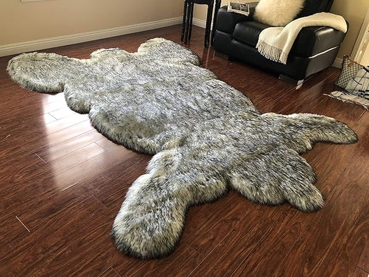 LAMBZY Faux Sheepskin Hypoallergenic,Super Soft Faux Bear Skin Silky Shag Rug (6'x9', White with Black Tips)