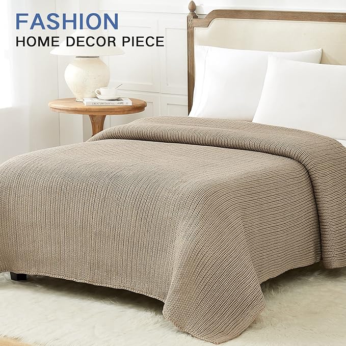 Guohaoi Knitted Weighted Blanket for Adults (Beige 60"x80" 12lbs) No Beads Cooling Throw Blanket for Hot Sleepers, Home Decor Breathable Chunky Knit Heavy Blanket Use on Queen/King Size Bed