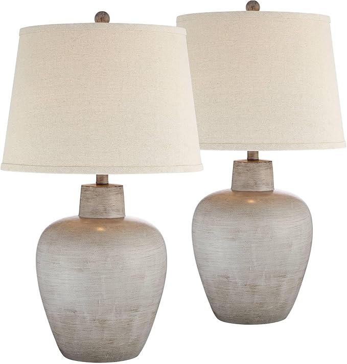 Regency Hill Glenn 27" Tall Urn Natural Cottage Southwestern Table Lamps Set of 2 WiFi Smart Socket Gray Terra Cotta Living Room Bedroom Bedside Nightstand House Office Home Reading Beige Shade