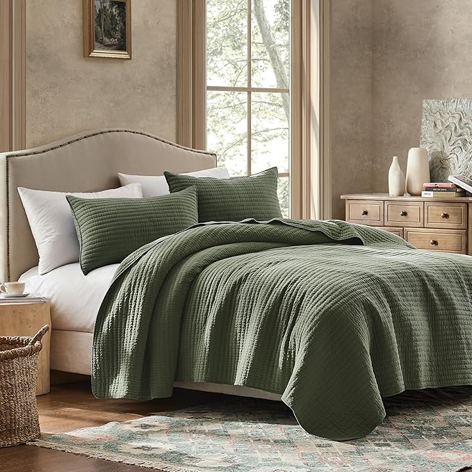 WDCOZY 100% Cotton Queen Size Quilt Set - Olive Green Striped Pick Stitch Soft Lightweight Bedspread, Textured Like Linen, Farmhouse Country Rustic Coverlet, Shabby Chic Gauze Bedding, 3 Pieces