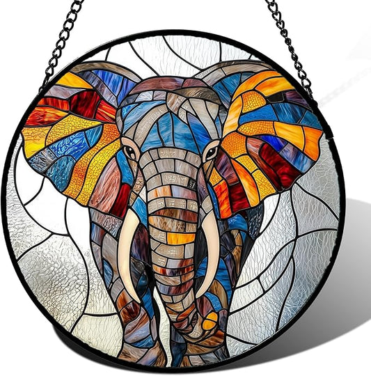 Stained Glass Window Hanging, Colorful Elephant Sun Catcher for Door Home Decor Animal Suncatcher Christmas Mother's Day Birthday Gifts for Women Men Mom and Nana 7.8 in