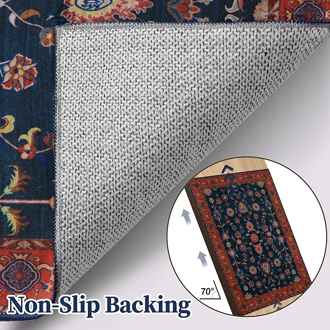Tangsoo Floral Area Rug 5x7 Machine Washable Red Blue Rug Non-Slip Vintage Distressed Boho Print, Low Pile Carpet for Living Room, Bedroom, Dining Room, Pet & Child Friendly (Red Blue)