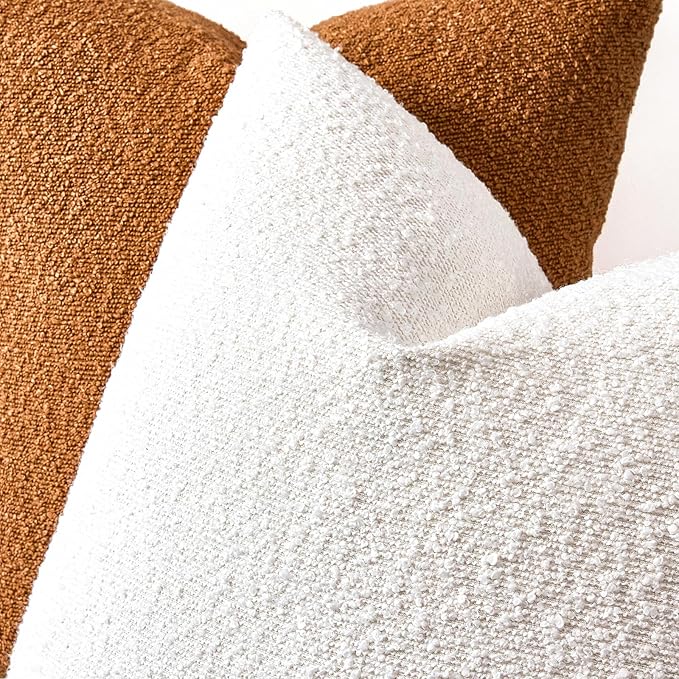 Boucle Decorative Throw Pillow Covers for Couch Set of 2, 20x20 inches, White
