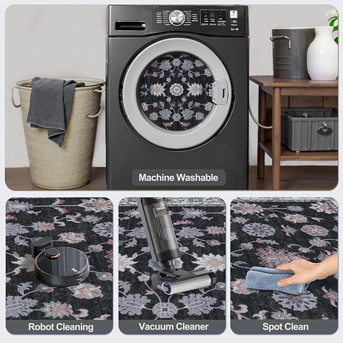 Tangsoo Floral Area Rug 3x5 Machine Washable Rug Non-Slip Vintage Distressed Boho Print, Low Pile Carpet for Living Room, Bedroom, Dining Room, Pet & Child Friendly (Black Red)