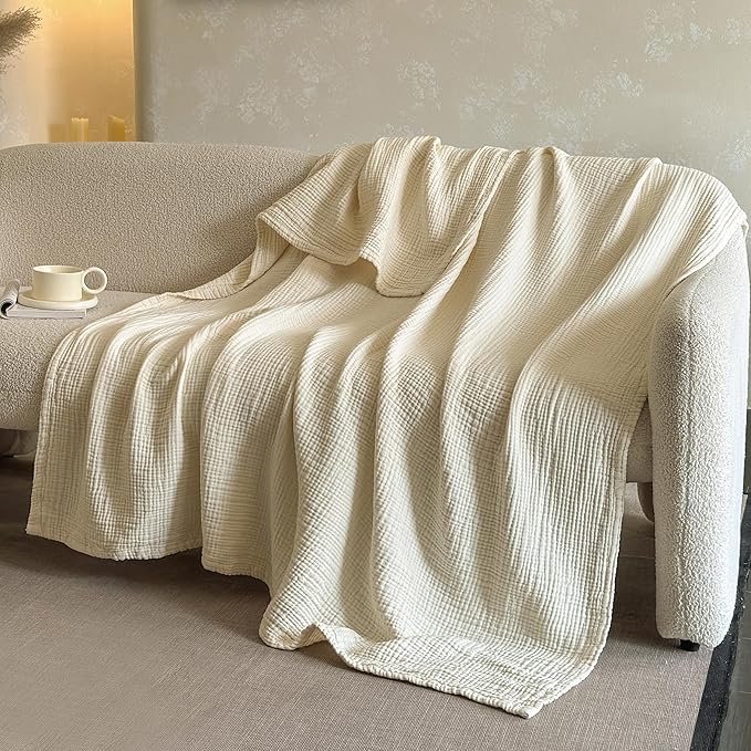 FALUCA Cotton Muslin Reversible Blanket 50x60 Inches for Bed, Couch, Four Layers Blanket, Soft Lightweight Cozy Breathable Farmhouse Decoration for All-Season, Beige