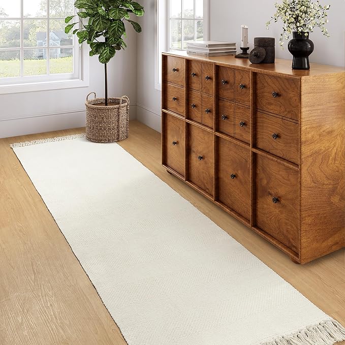 Collive Long Hallway Runner Rug 2.6' x 7', Washable Runners Indoor Entryway Rug, White/Beige Braided Woven Kitchen Carpet Low Profile Front Door Mats for Laundry Room Bedroom Doorway