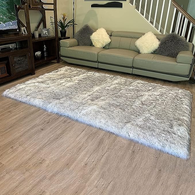LAMBZY High Pile Super Fluffy Soft Faux Sheepskin Rug | Faux Sheepskin Rugs for Living Room Playroom Bedroom | Classic Super Soft to Touch Rug (5'x8', White/Black Tips)
