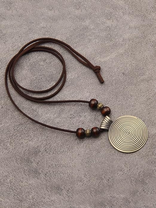 Leather Necklace for Women Boho Choker Necklace Long Cord Leather Pendant Bohemian Neckalce Vintage Alloy Pendant Leather Rope Necklace Wooden Necklaces for Women