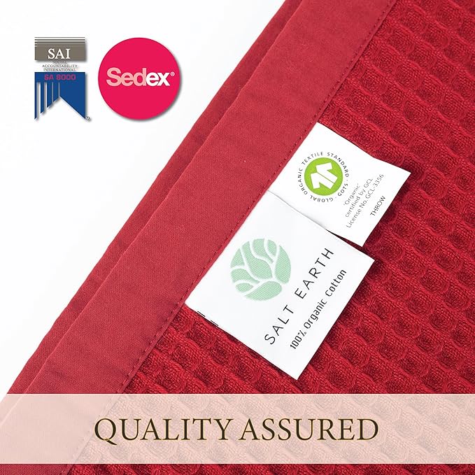 Salt Earth GOTS Certified 100% Organic Cotton Throw Blanket, 55"x60" Waffle Blankets & Throws for Bed, Throw Blanket for Couch, Cozy Christmas Blankets and Throws for Christmas Gifts (Red Dahlia)