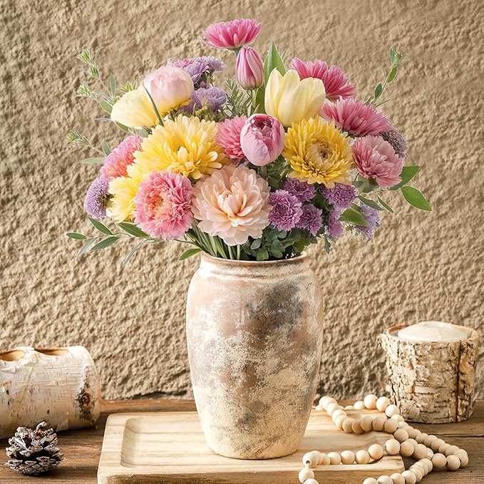Rustic Ceramic Vase, 8.2 Inch Terracotta Rustic Vase, Farmhouse Decorative Vase Boho Decor, Christmas Decorative Vintage Flower Vase Home Decor, Living Room, Entryway, Holiday Wedding New Year Gifts