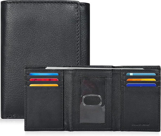 Real Leather Mens Trifold Wallet RFID Blocking Slim Minimalist Front Pocket - Thin & Stylish with ID Window in Gift Box