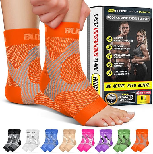 Compression Socks for Plantar Fasciitis, Achilles Tendonitis, Arthritis Relief, Ankle Brace Compression Sleeve with Foot Arch Support, Ankle Wrap for Women, Men, Swelling & Heel Pain Orange L-XL