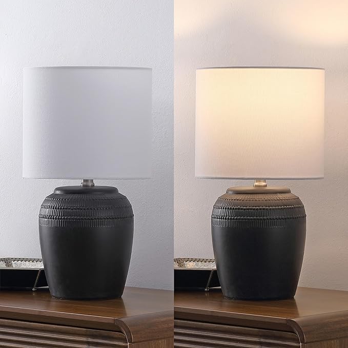 JONATHAN Y JYL5707A-SET2 16.75" Black Rustic Reeded Ceramic Table Lamp Set of 2 for Living Room, Traditional Farmhouse Bedside Nightstand Lamps with White Linen Shade, LED Bulbs Included