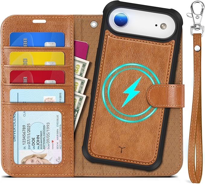 TUCCH Detachable Case Wallet for iPhone Air (6.5") 2025, Wrist Strap | 4 Card Slots RFID Blocking | Wireless Charging | Stand | 2-in-1 Magnetic | PU Leather | Shockproof Folio Cover | Light Brown