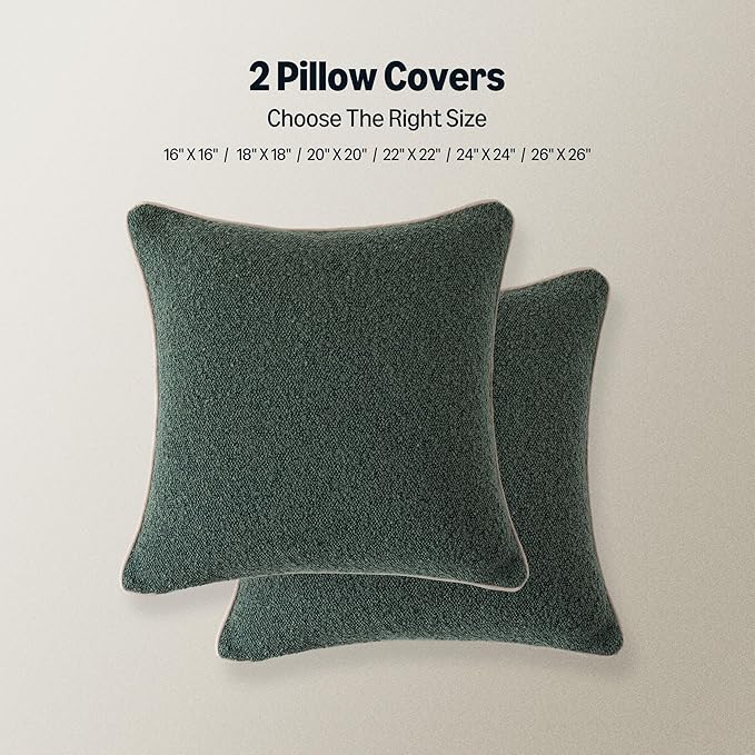 Amazon Basics Boucle Throw Pillow Covers for Couch, Living Room, Home Decor with Hidden Zipper, Green, 22×22in, Pack of 2