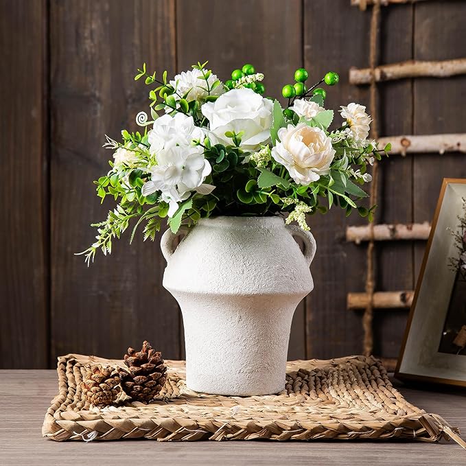 Vase for Flowers - Small Ceramic Vases for Decor - White Vases for Centerpieces - Farmhouse Vases for Pampas Grass, Decorative Vase for Bouquet, Lyeec Clay Pottery Rustic Terracotta Vase