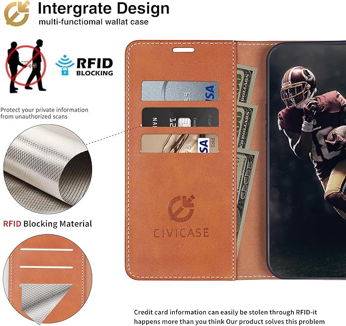 CIVICASE for iPhone 16 Pro Max Wallet Case,PU Leather Flip Case RFID Blocking Credit Card Holder Folio Magnetic Stand TPU Shockproof Cover Compatible with iPhone 16 Pro Max, Brown