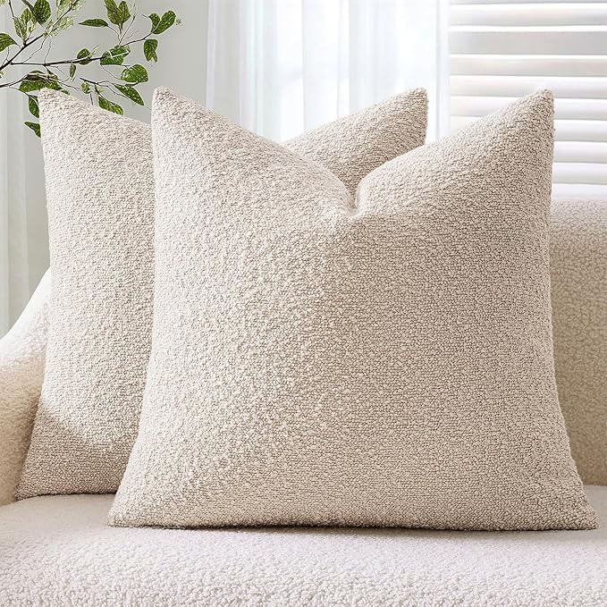 ANRODUO Pack of 2 Textured Boucle Throw Pillow Covers Soft Beige Decorative Accent Solid Pillow Cases Cozy Modern Couch Cushion Case for Chair Sofa Bedroom Living Room Spring Home Decor, 18 x 18 Inch