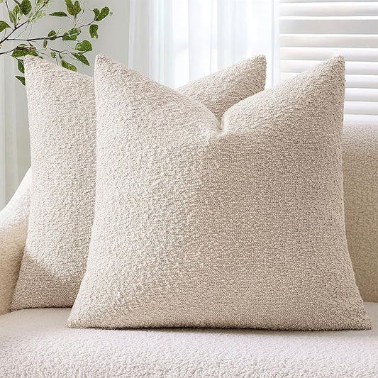 ANRODUO Pack of 2 Textured Boucle Throw Pillow Covers Soft Beige Euro Decorative Accent Solid Pillow Cases Cozy Modern Couch Cushion Case for Chair Sofa Bedroom Living Room Home Decor, 24 x 24 Inch
