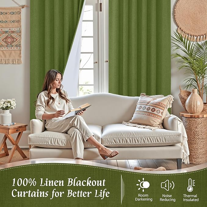 LAMIT Full Blackout Linen Curtains for Bedroom, 54 Inches Thermal Window Drapes Back Tab and Rod Pocket Privacy Protected Burlap Panels with White Liner, 2 Panels, 38 x 54 Inch, Olive Green