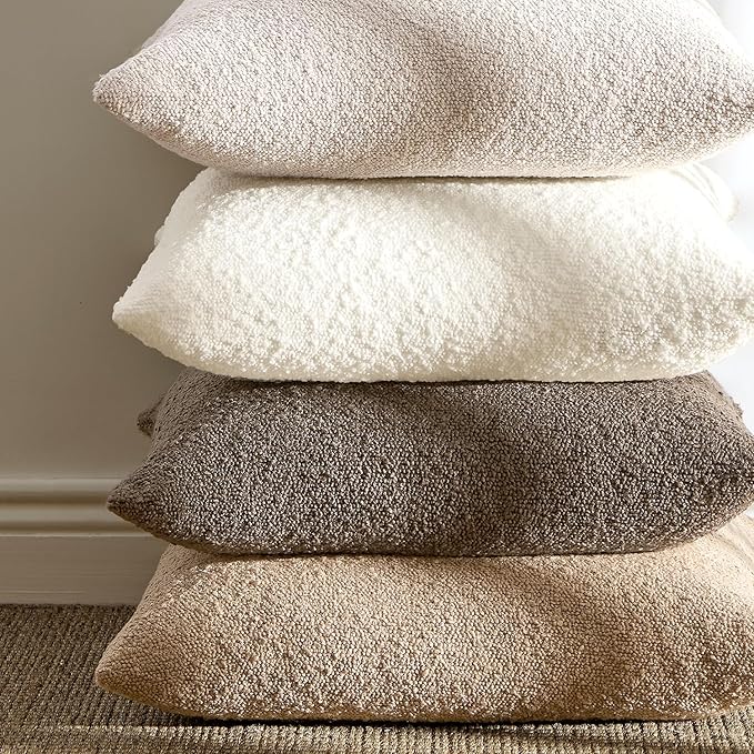 ANRODUO Pack of 2 Textured Boucle Throw Pillow Covers Soft Beige Decorative Accent Solid Pillow Cases Cozy Modern Couch Cushion Case for Chair Sofa Bedroom Living Room Spring Home Decor, 18 x 18 Inch