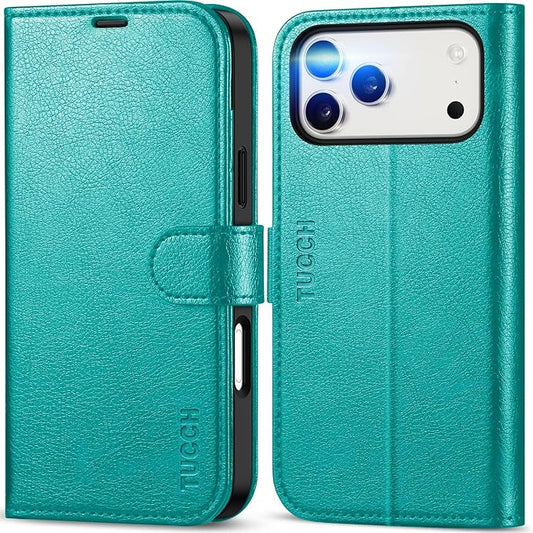 TUCCH Wallet Case for iPhone 17 Pro Max (6.9") 2025, 4 Card Slots | RFID Blocking | Stand | PU Leather | Magnetic Closure | Protective Flip Folio Cover | Shockproof TPU Shell | Cyan